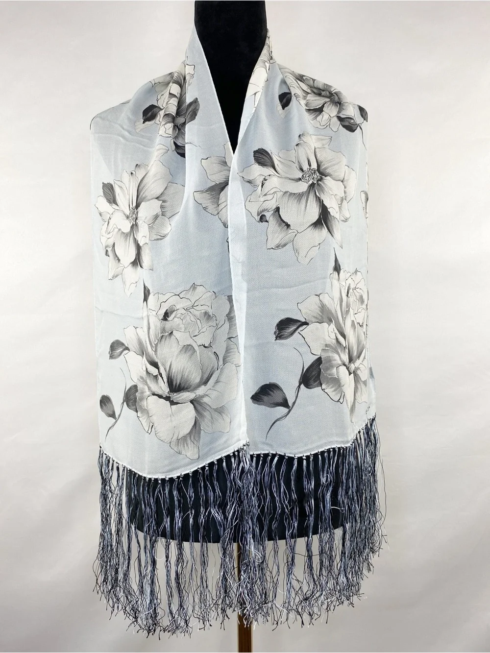 ECHO 100% Silk Light Blue Gray Floral Rose Print Long Fringe Scarf 65”X 10.75”